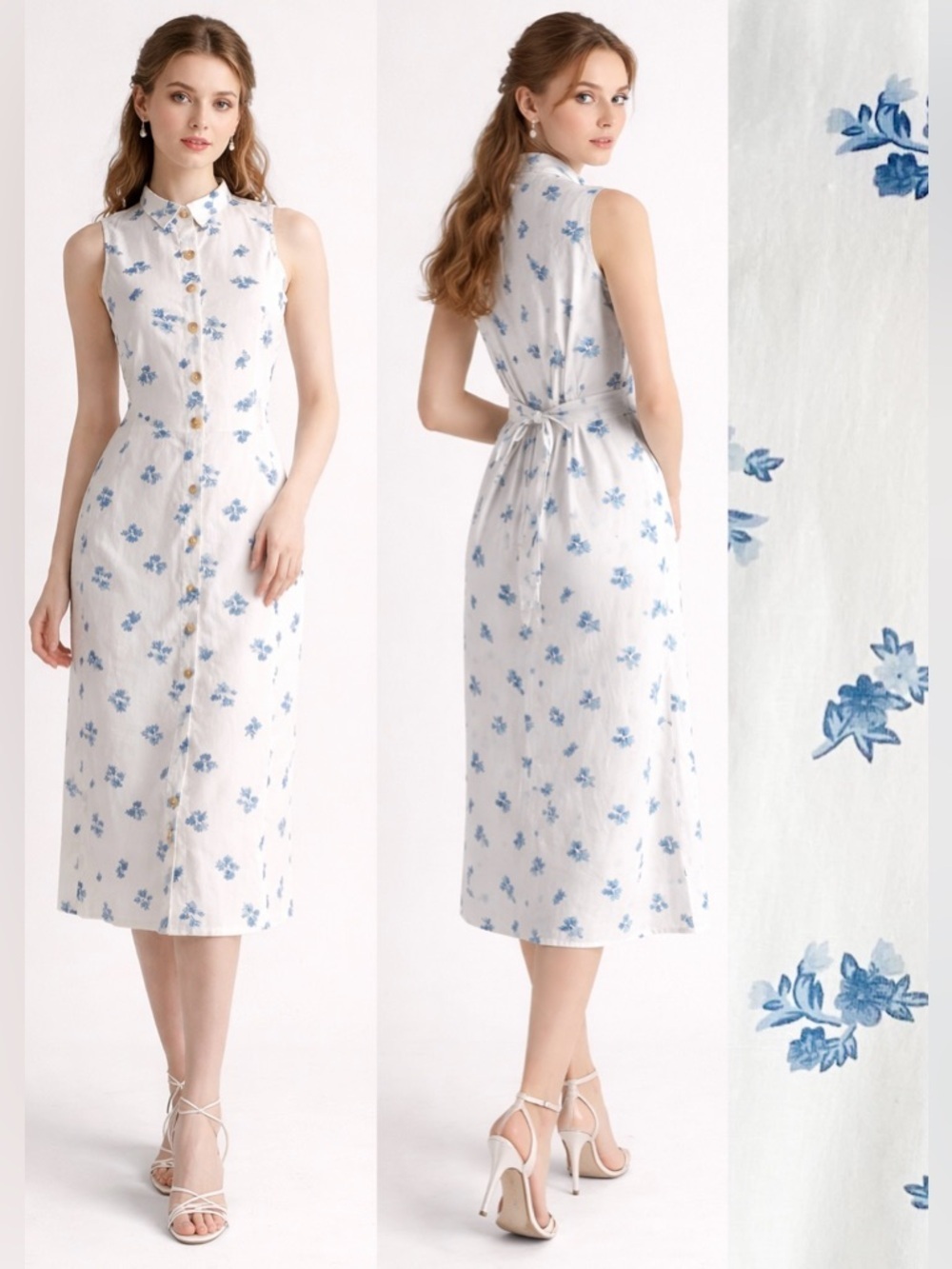 Floral Cotton Sleeveless Shirt Midi Dress Collared Cottage Victorian Old Money M